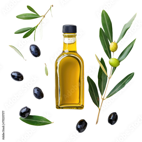 Olive oil in bottle with fresh fuit and leaves cutout clipping path png isolated on white or transparent background photo