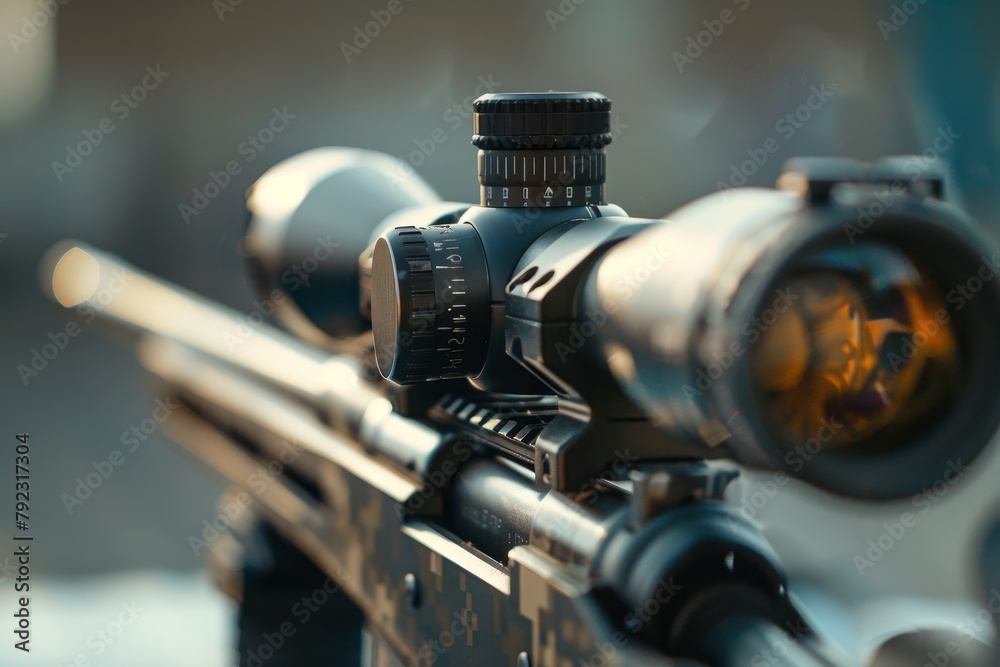 Close up of scope on sniper s rifle - obrazy, fototapety, plakaty 