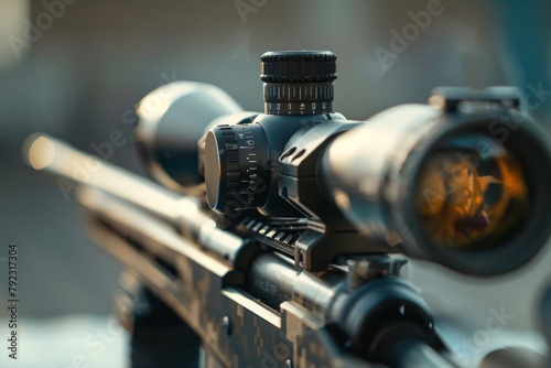Close up of scope on sniper s rifle photo