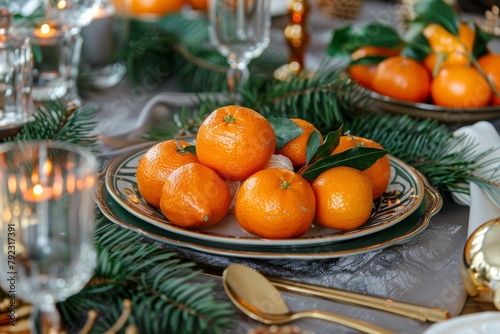 Close up of tangerines on a New Year s table Russian style party photo