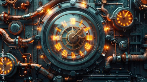 a steampunk style with gears pipes and clocks,art illustration