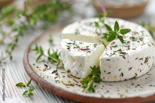 Closeup of plate with tasty goat cheese and thyme
