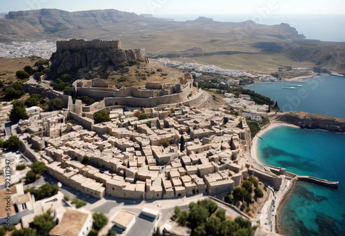 'Greece Aerial view Rhodes village Acropolis ancient Lindos Background Beach Summer Travel House City Landscape Building White Sea Architecture Blue Vacation Old Greece Stone Europe Beautiful Castle' photo