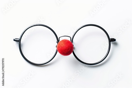 Clown nose on glasses on white background