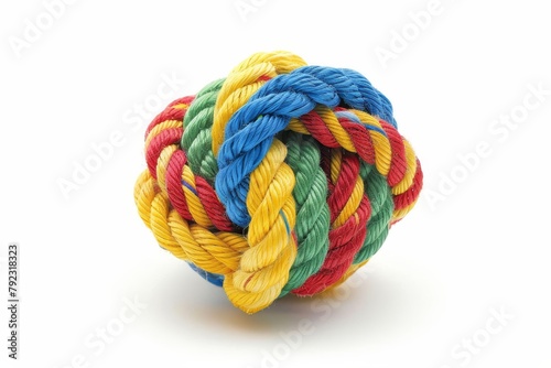 Colorful cotton rope dog toy on white background with space for text