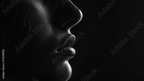 A profile of a face is almost entirely shrouded in darkness save for the faint outline of a nose and lips creating a sense of mystery and intrigue. .