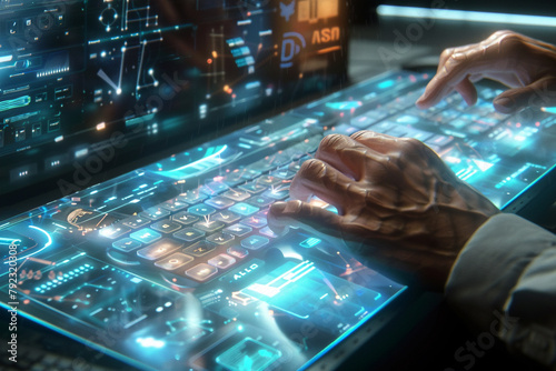 Close-up of hands typing on a futuristic transparent keyboard, with holographic screens floating above the desk