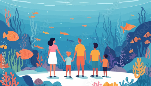 Iconic Representation of a Family Exploring Underwater Life at an Oceanarium