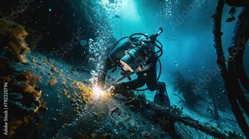 Underwater welders working at Sparks turn on lights on the seabed to repair submerged structures. Underwater welding by professional divers © Phoophinyo