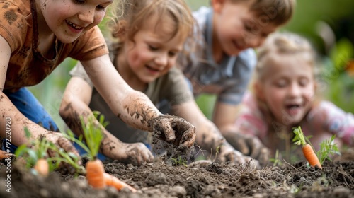 A group of children eagerly digging in a bed of soil their hands covered in dirt and faces beaming as they uncover fresh carrots. .