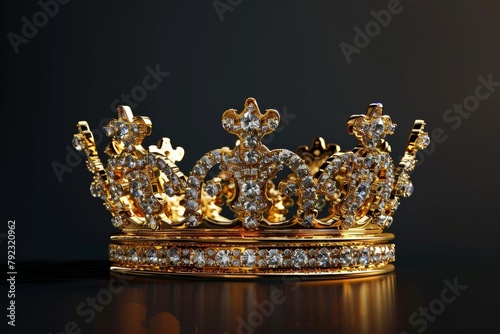 Diamond studded gold crown on black background photo