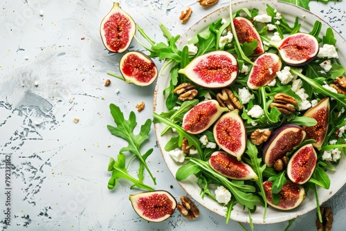Fig salad with goat cheese walnuts arugula jam dressing top view white background copy space