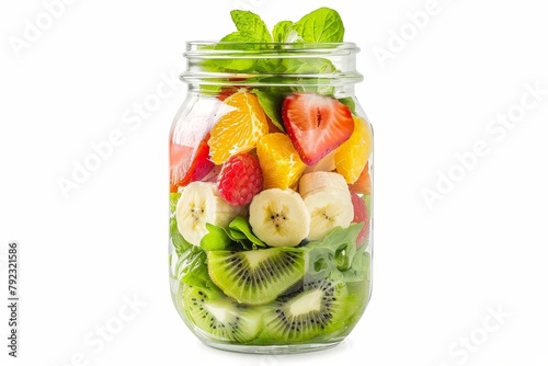 Fresh and healthy salad in a glass jar with assorted fruits and yogurt isolated on white background
