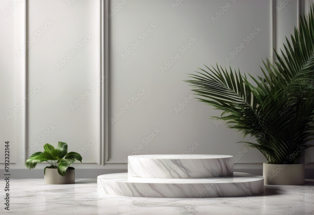 'Marble podium product presentation. palm leaves. Cosmetic pedestal. Generative Ai'