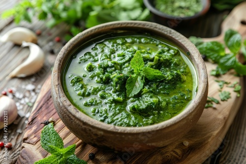 Fresh green chutney with mint and yogurt spicy Indian dish on brown bowl with garlic and parsley light background