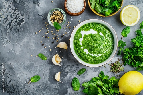 Fresh green chutney with mint yogurt spices Served with rice lemon garlic and parsley Grey background copy space