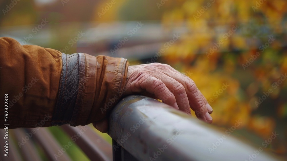 Fototapeta premium A closeup shot of a counselors hand resting on the railing of a bridge capturing their role in providing support and stability to those facing turbulent times. .