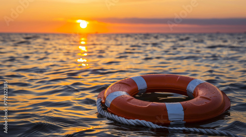 Orange lifebuoy floating on tranquil sea waters with sunset reflecting on the waves. © tashechka