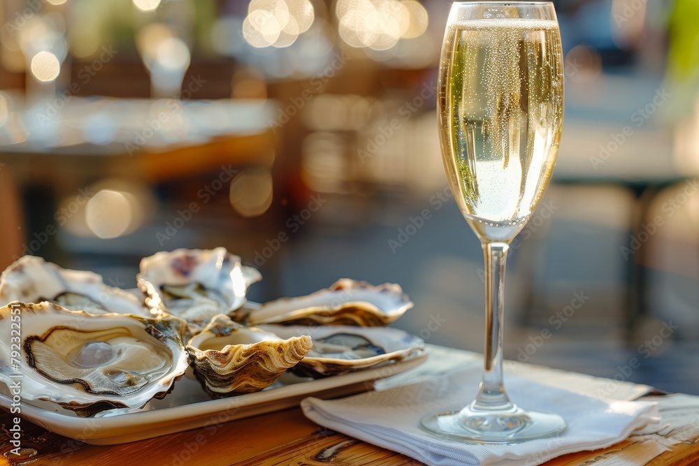 Fresh oysters and chilled prosecco wine on table Delicious seafood
