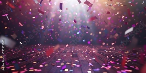 Festive confetti falls onto a reflective wooden floor, creating a celebratory mood with vivid colors.
