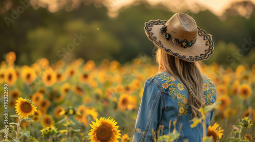 A cowgirl strides through a field of sunflowers her widebrimmed hat adorned with a veil of black lace and her denim jacket featuring intricate embroidery of moons and . photo