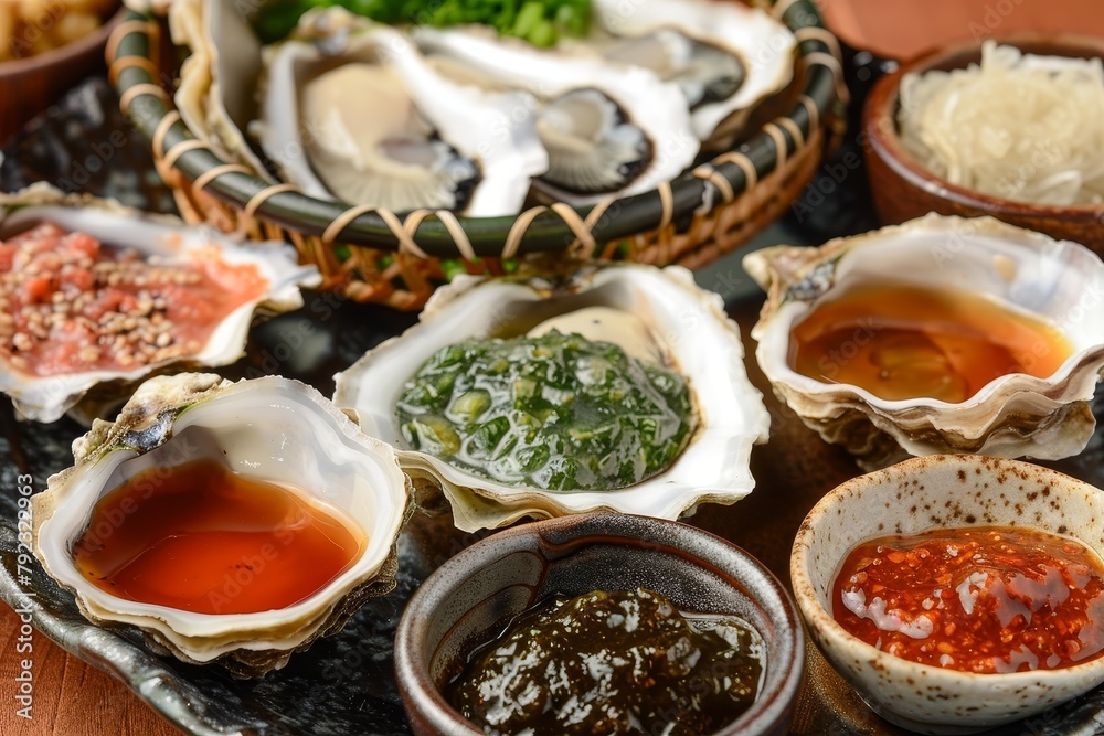 Fresh oysters with sauces
