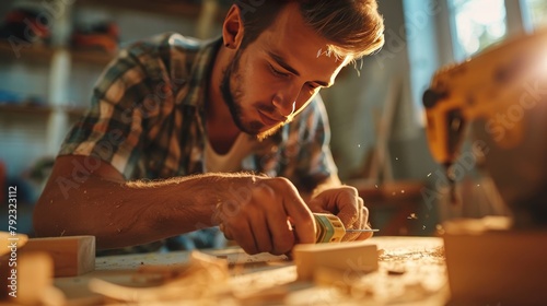 A Carpenter Carves A Wooden On Desk. photo
