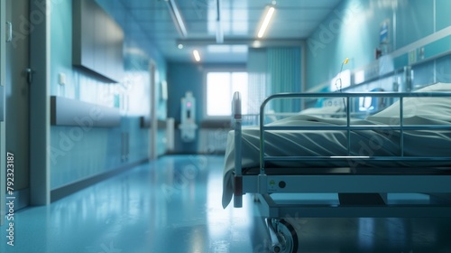 A Hospital Bed In A Hospital Corridor. 
