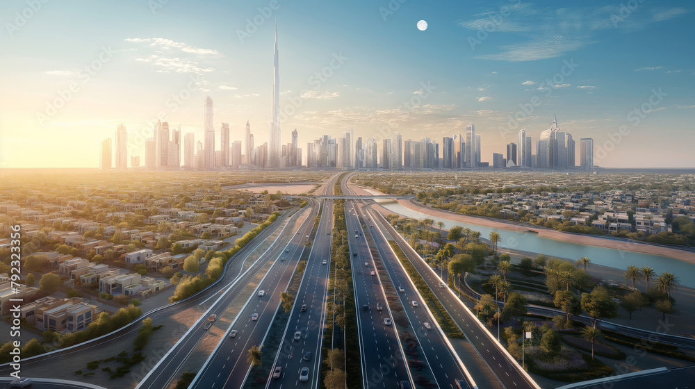 Sunrise over modern city skyline with highways