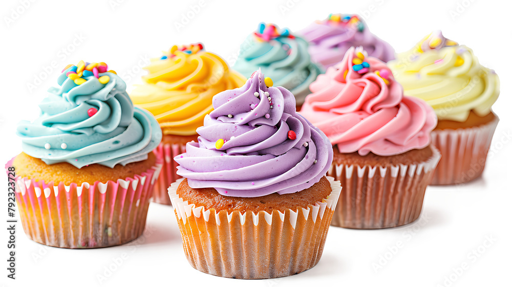 Many sweet-colored cupcakes for birthdays are isolated on a transparent background