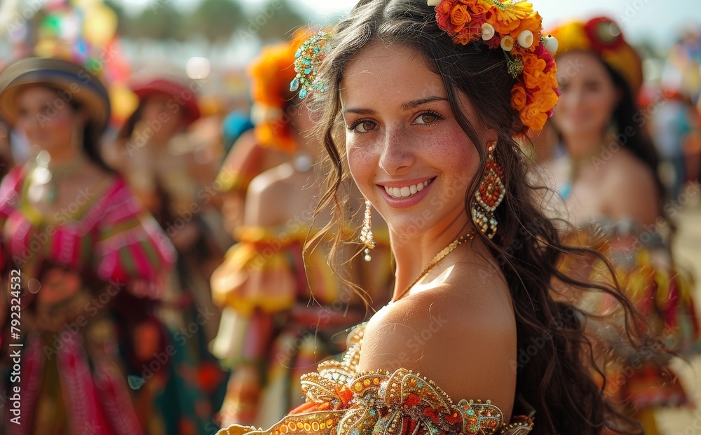 Hispanic festival with colorful flowing dresses and flowers