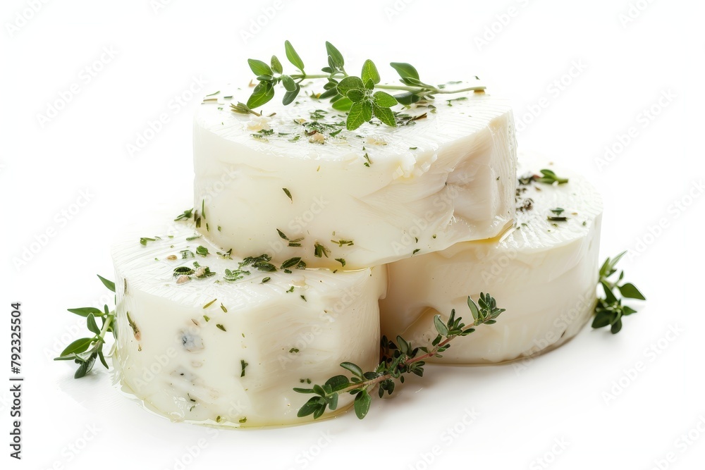 Goat cheese with thyme on white background delicious