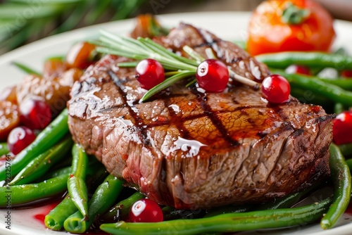 Gourmet steak with green beans cherry tomato cranberry Fancy steak with vegetables and fruit