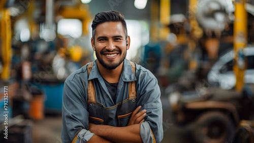 Happy male auto mechanic in uniform at car repair shop. Concept Car Repair, Mechanic Uniform, Auto Shop, Happy, Male Auto Mechanic photo