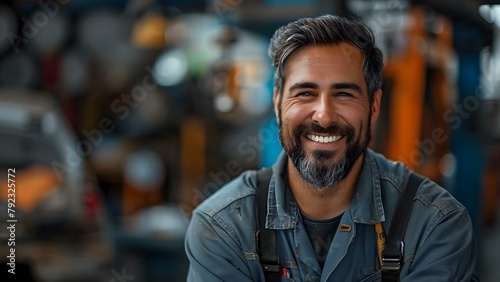 Smiling male auto mechanic in uniform at car repair shop. Concept Outdoor Photoshoot, Automotive Industry, Male Portraits, Uniform Photography, Car Repair Shop