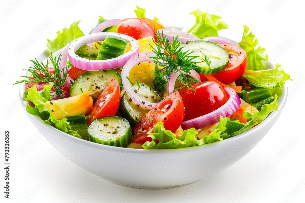 Greek salad with fresh vegetables in white bowl on white backdrop