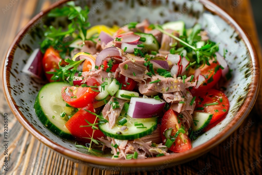 Greek salad with tuna on wood table top view Greek salad with tuna on wood table top view