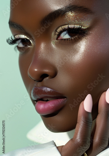 Black woman with makeup and pale green nails