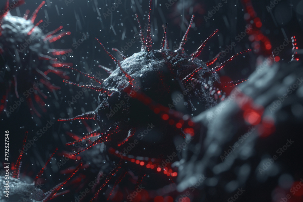 Fototapeta premium Close-up view on a 3D rendered malware, with a dark, threatening atmosphere