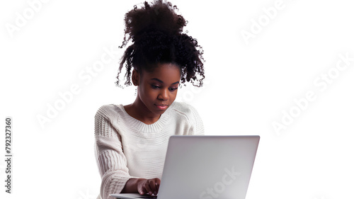 A young black female working on laptop computer isolated on transparent background