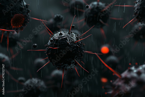 Close-up view on a 3D rendered malware, with a dark, threatening atmosphere 