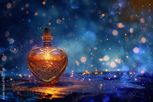 Close-up, sparkling love potion, intense magic aura, against a starry night sky, enchanted, vivid