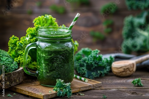 Green detox smoothie with kale in mason jar on wooden background