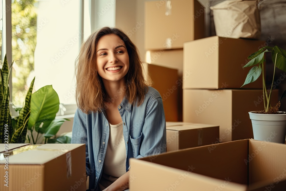 A happy Woman Moving Into New Home And Unpacking Boxes, real photo A happy Woman Moving Into New Home And Unpacking Boxes, real photo