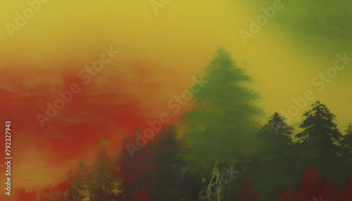 Abstract forest, mountain, and sky landscape painting.