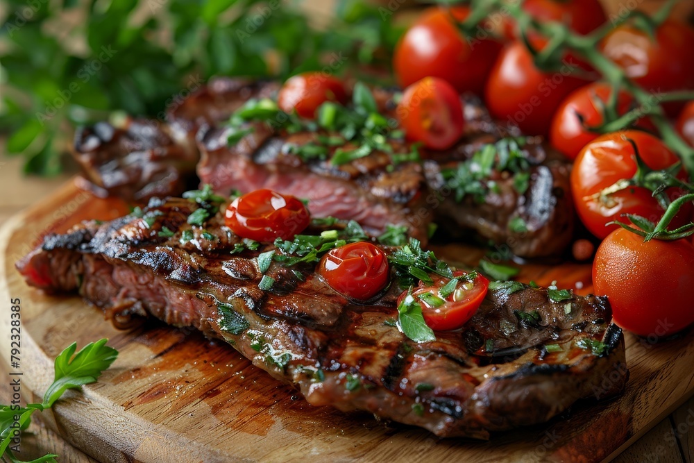Grilled beef or lamb with tomato garnish Grilled beef or lamb with tomato garnish