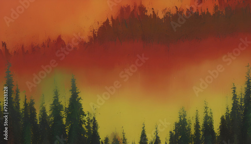 Abstract forest, mountain, and sky landscape painting.