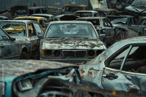 Grey cars damaged in wreckyard awaiting recycling or spare part use