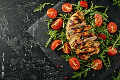 Grilled chicken and fresh salad with tomatoes and arugula Healthy meal on black background top view