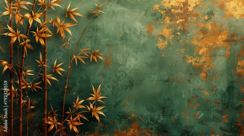 Decorative gold art wallpaper. Art painting, background, modern art and nature. Floral pattern with golden leaves, plants and bamboo, green background...